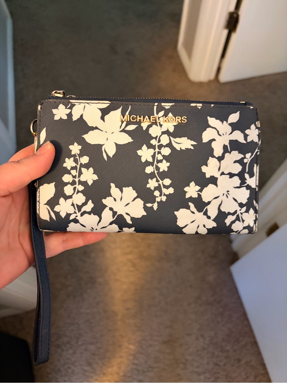 Michael Kors Navy and White Floral Wristlet Clutch